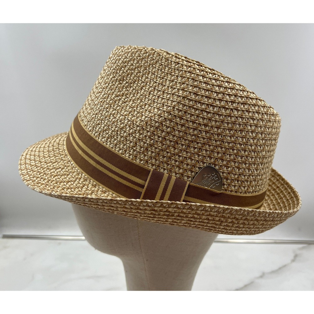 Santana by Carlos Santana Fedora Hat Men's L Tan Striped Band Straw Guitar NWT